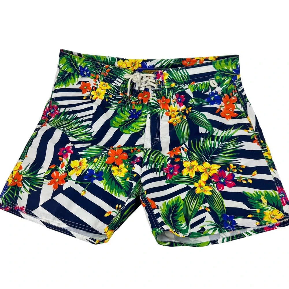 Polo Ralph Lauren Mens Tropical Floral Striped Swim Trunks Navy White Size‎ 38